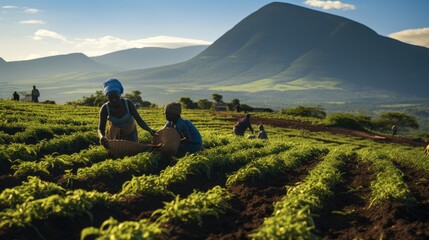 Poster - African farmers working on the fields with mountains in the background.