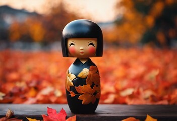 Kokeshi doll with autumn leaves