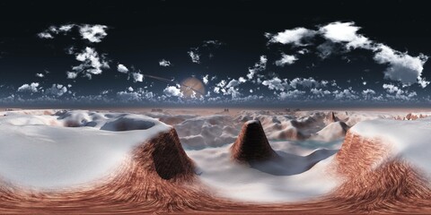 Wall Mural - Alien landscape, sunset panorama on alien, HDRI, environment map , Round panorama, spherical panorama, equidistant projection, panorama 360, 3d rendering 