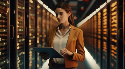 Leinwandbilder - Female Technician working in server room or supercomputer electricity backup room.