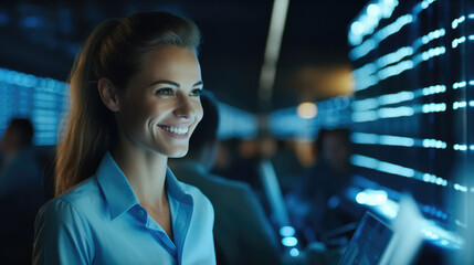Fototapete - Female IT engineer working in data center, Digital world.