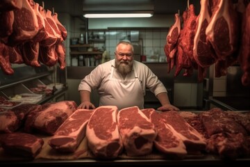 Wall Mural - Portrait of a butcher in butchers shop.