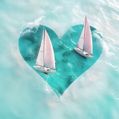 Two sailboats on the sea surface in the shape of a heart. Symbolic representation of the meeting of kindred spirits. A combination of pastel colors, turquoise-pink. Minimal composition.