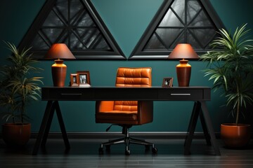 Wall Mural - A desk with a chair and a lamp on it. AI.