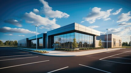 Poster - Modern industrial warehouse distribution building and parking lot under beautiful cloudy sky.