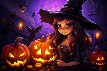 A beautiful girl witch in a traditional Halloween hat, a pumpkin jack lanterns. Halloween symbols. Flat cartoon style.