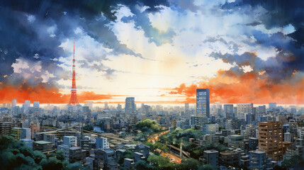 Wall Mural - sunset over the city , watercolor cityscape Tokio 