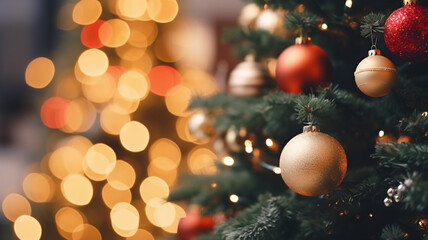 close-up shot of a christmas ornament, glass ornament in a christmas tree, red and gold, lights, bokeh in the background, christmas at home, family and tradition