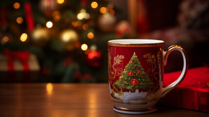 Red porcelain cup with painted christmas tree on it, christmas themed,   hot christmas beverage with star glitters, christmas tree in the background, tradition, coffee, hot cocoa, milk