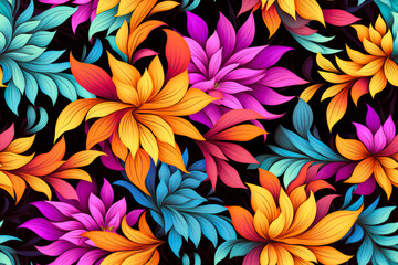 Wall Mural - Seamless pattern with colorful flowers in retro style.