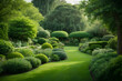 A serene, tranquil garden scene with a variety of shades of green, rendered in a realistic oil painting style.