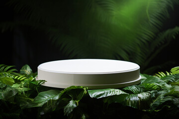 Wall Mural -  a small round podium white on a green leaf background