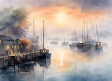 Watercolor Painting Of Small Harbour Town With Fishing Boats In The Fog In The  Twilight