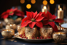 Red Christmas Star Poinsettia Flowers In Gold Vase On The Table In Holiday Lights Background
