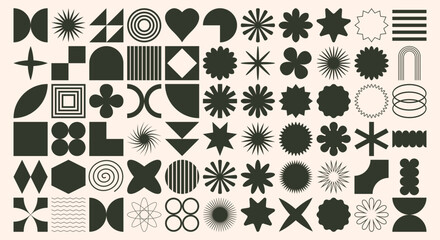 Wall Mural - Big vector set of brutalist geometric shapes. Trendy abstract minimalist figures, stars, flowers, circles. Modern abstract graphic design elements.Vector