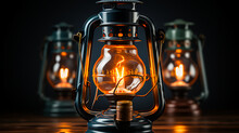 Three Antique Kerosene Lamps Isolated On Black Background
