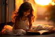 Little girl reading book with bedtime stories.