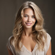 © Avalga - a young blond woman is smiling, in the style of subtle, earthy tones