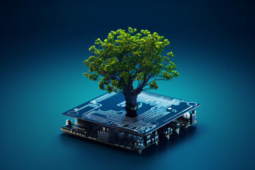 Wall Mural -  small tree on computer circuit blue background
