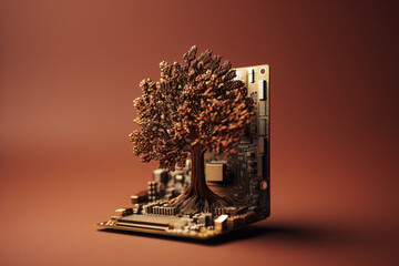 Wall Mural -  small tree on computer circuit brown background
