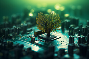 Wall Mural -  small tree on computer circuit emerald background