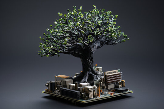  small tree on computer circuit gray background
