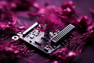 Wall Mural -  small tree on computer circuit magenta background