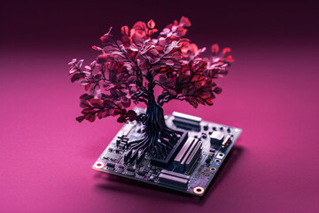 Wall Mural -  small tree on computer circuit magenta background