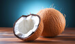 Two halves of a coconut on a wooden table. Beautiful cocos on blue background