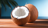 Fototapeta Sport - Two halves of a coconut on a wooden table. Beautiful cocos on blue background