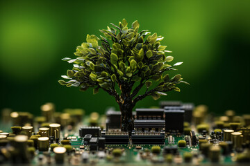Canvas Print -  small tree on computer circuit olive background
