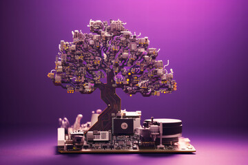 Wall Mural -  small tree on computer circuit purple background
