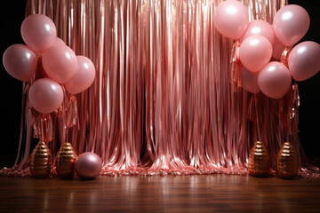 Sticker - Rosegold Foil Fringe Tinsel Curtains with pink balloons for Wedding Decoration, Birthday Party, Christmas Decoration, New Year's Eve