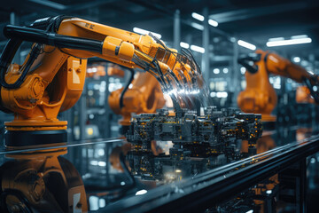 Poster - A high-tech manufacturing facility with robotic arms assembling products, showcasing automation in industry. Generative Ai.