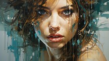 Paint Dripping Effects Added To Oil Painting Female Face Paintings.