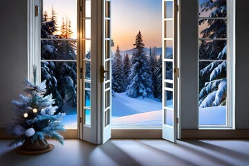 A view of a snow-covered backyard through a frosty window, with a glimpse of a decorated Christmas tree inside.