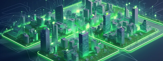 Wall Mural - Green community with Digital smart city infrastructure and rapid data network. Digital city, smart society, minitiature homes and futuristic smart homes