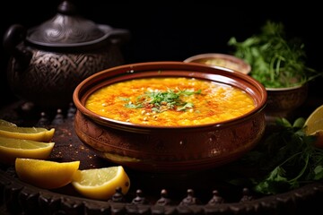 Wall Mural - Vegan red lentil soup a traditional middle eastern and Turkish dish popular during Ramadan