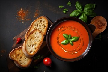 Sticker - Vegetarian dish homemade tomato soup with basil toast and olive oil captured from above on dark background with room for text