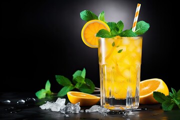 Canvas Print - Vodka based screwdriver cocktail garnished with fruit slice and mint on a dark bar background