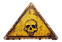 Warning Sign With Yellow Triangle Skull And Cross Bones On White Worn Out Rusty