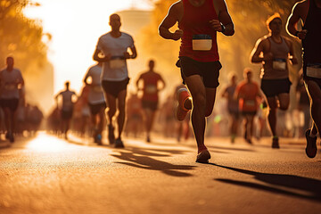 A dynamic image that captures the energy and movement of a group of marathon runners racing through city streets in the early morning sun.