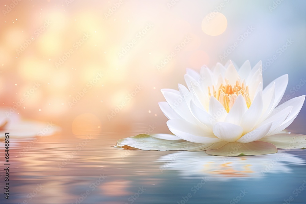 White lotus flower symbolizes purity in Buddhism floating on water with ...