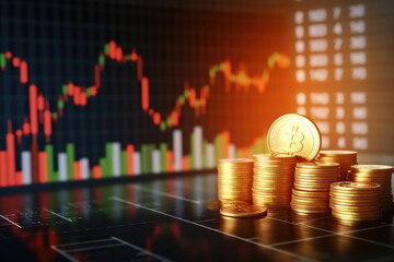 Aufkleber - golden coins and stock market graph background, business and financial concept