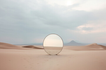 Wall Mural - Fine-art, pop-art, nature and landscape concept. Abstract composition of round mirror standing in the middle of desert. Dramatic mood with cloudy sky background with copy space. Generative AI