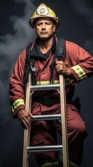 Sticker - A man in a fireman's uniform is sitting on a ladder. AI.