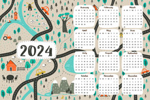 2024 Kid's Calendar With Cartoon Map. Vector Illustration With Roads, Cars And Rivers For Playroom Decoration. Week Starts On Sunday.