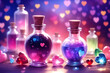 love magic elixir, love potion, pheromones, hearts bokeh