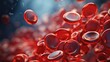 Red blood cells circulating in blood vessels and veins, human blood cells on a blue banner background with space for text. 3d rendering medical illustration with depth of field