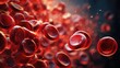 Red blood cells, circulating in blood vessels and veins, human macro blood cells move in one direction. Dark medical capsules banner background, 3d rendering